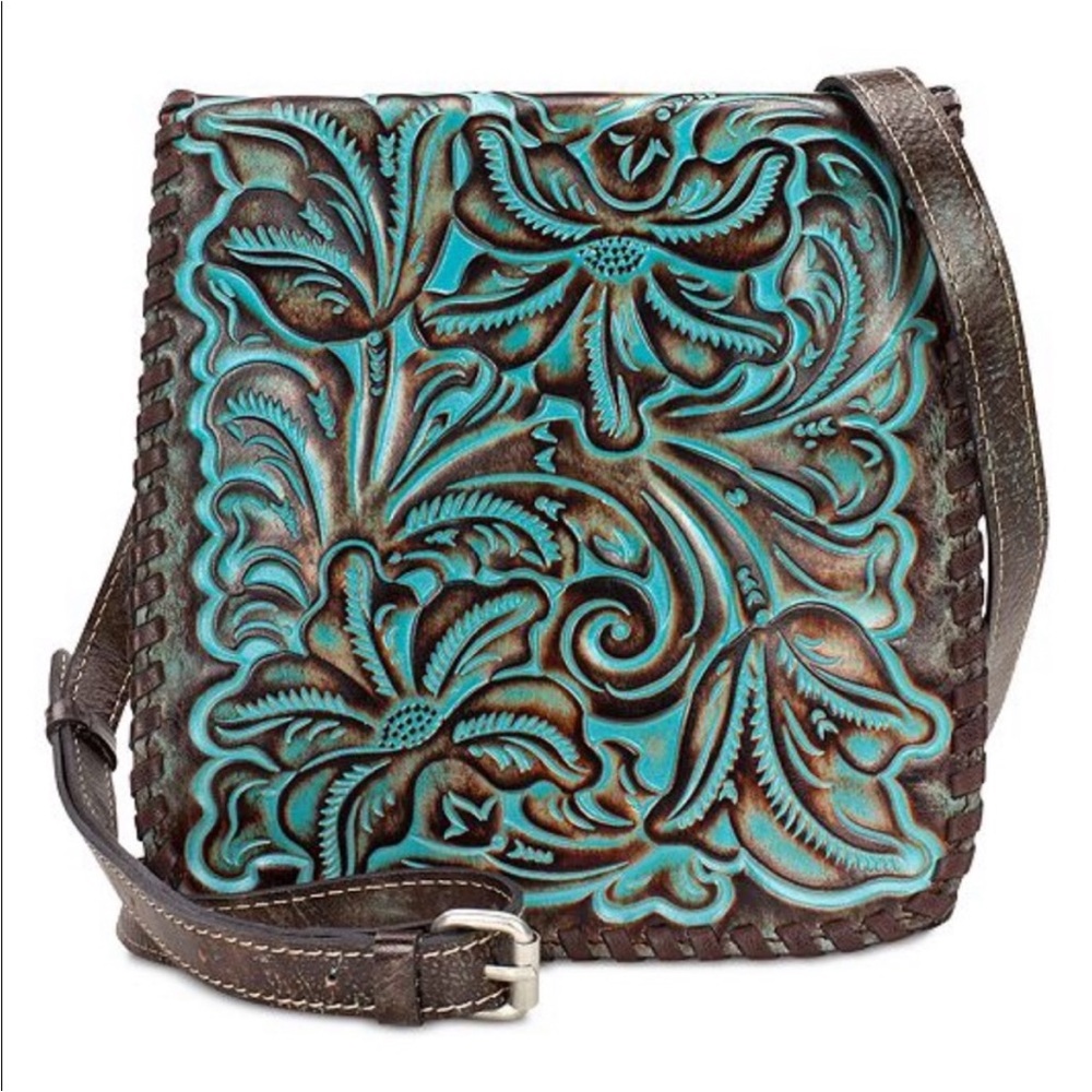 Patricia Nash Granada Tooled Leather Crossbody Antique Brown Turquoise